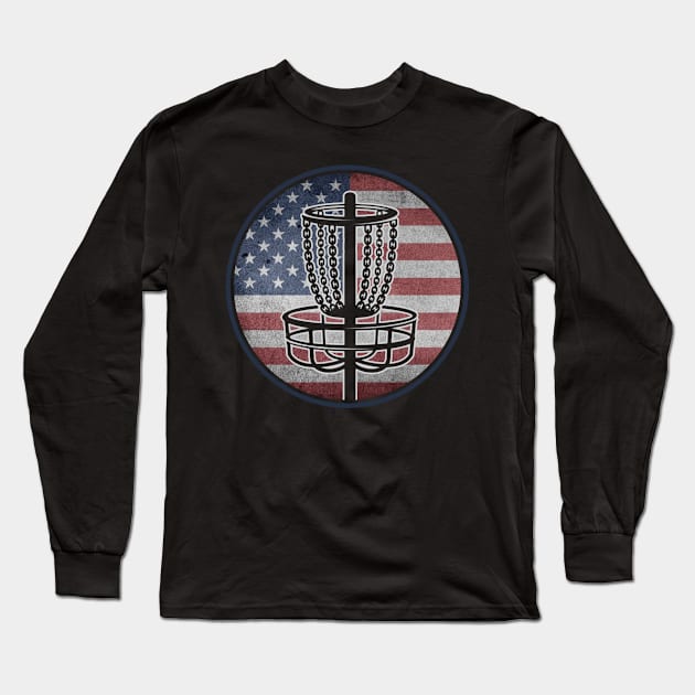 Funny Disc Golf Player USA American Flag Long Sleeve T-Shirt by Visual Vibes